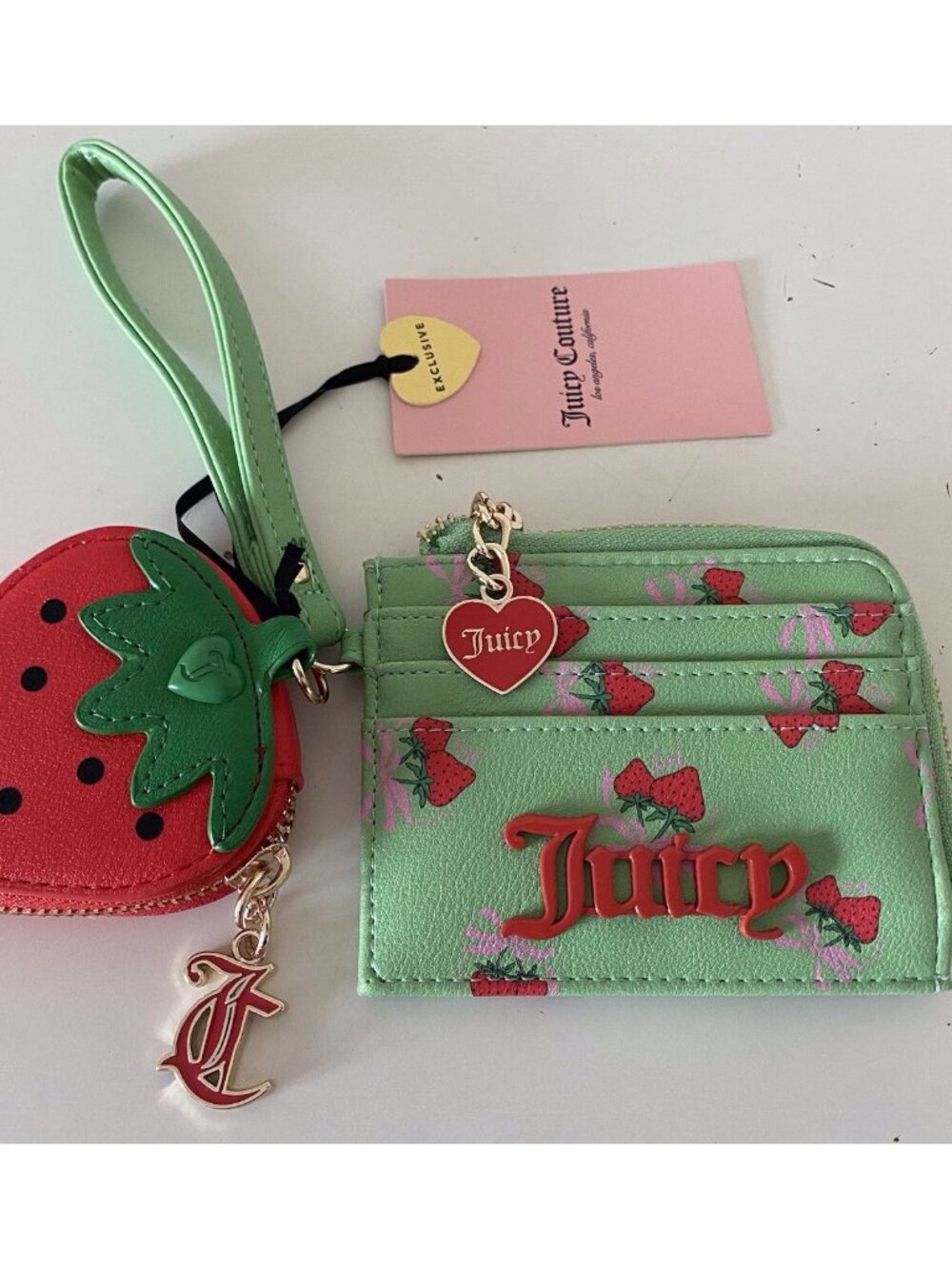 Juicy Couture Sweet Strawberry Zip Card Case Wristlet Retro Green W/Coin Purse